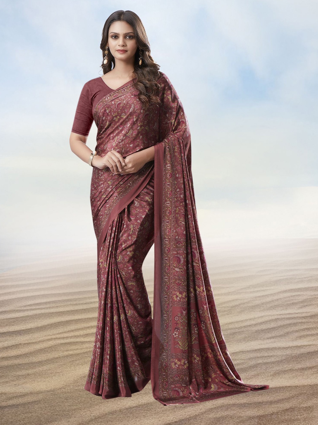 

Kasak Floral Pure Crepe Saree, Brown