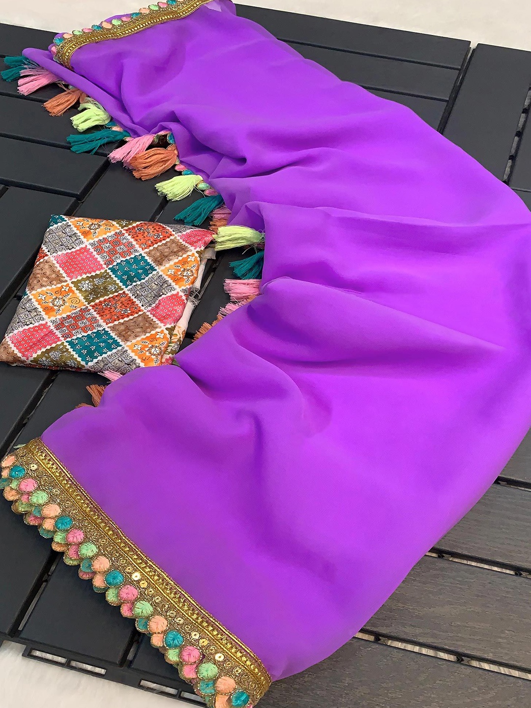 

Peachmode Embroidered Pure Georgette Saree, Purple
