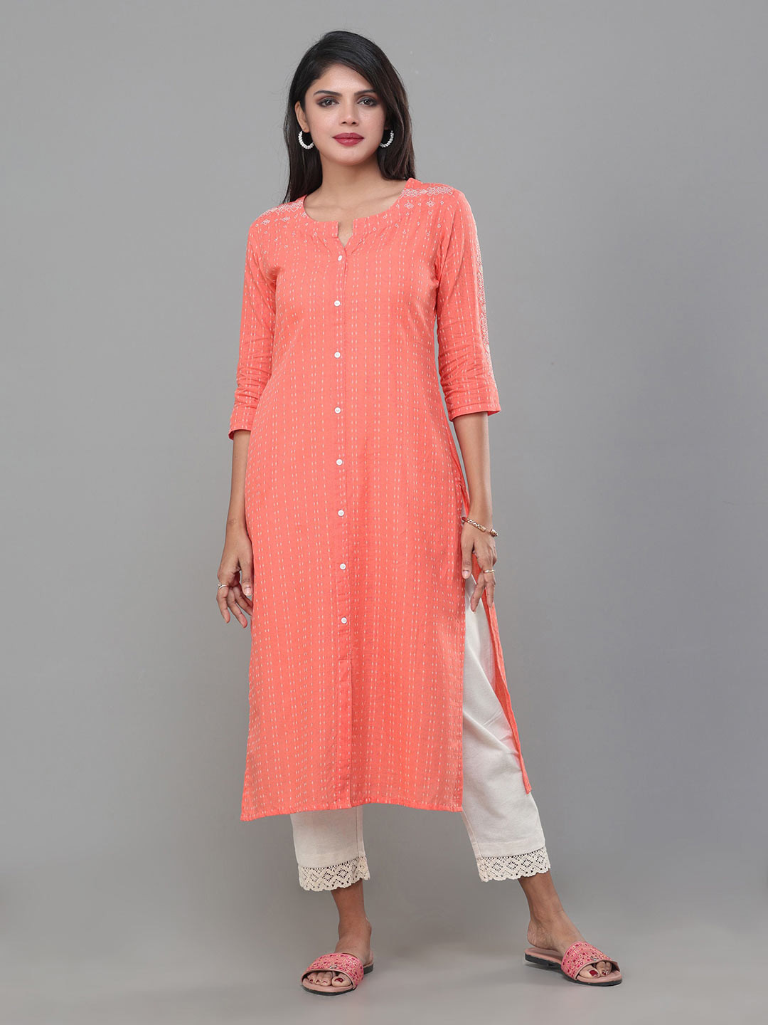 

Vismay Ethnic Motifs Printed Notch Neck Pure Cotton Straight Kurta, Peach