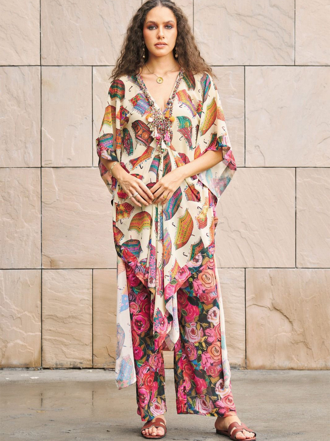 

CIN CIN Umbrella Printed V-Neck Flared Sleeves Kaftan Top With Pants, Beige