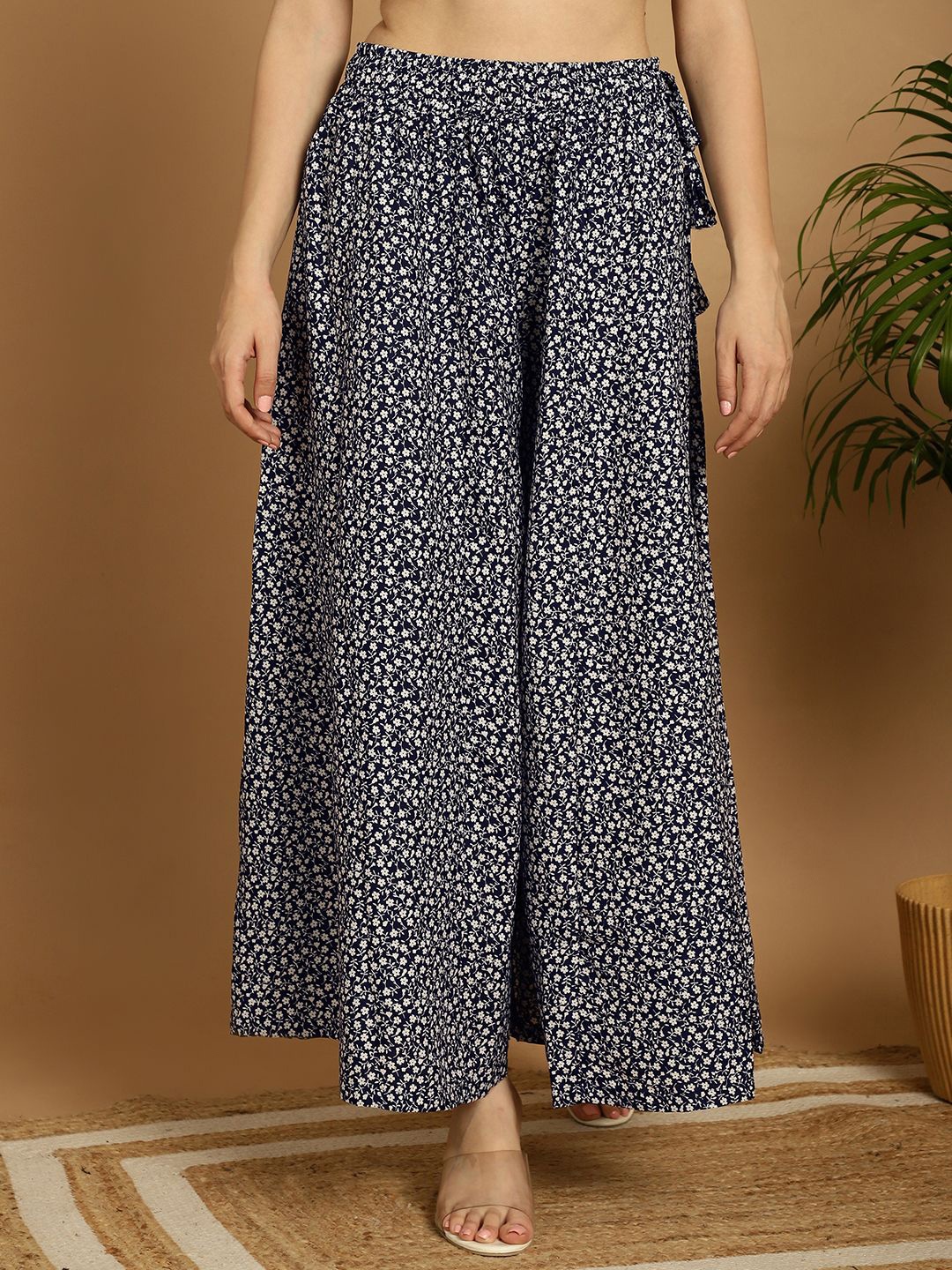 

Valles365 by S.C. Women Printed Crepe Flared Plus Palazzos, Navy blue