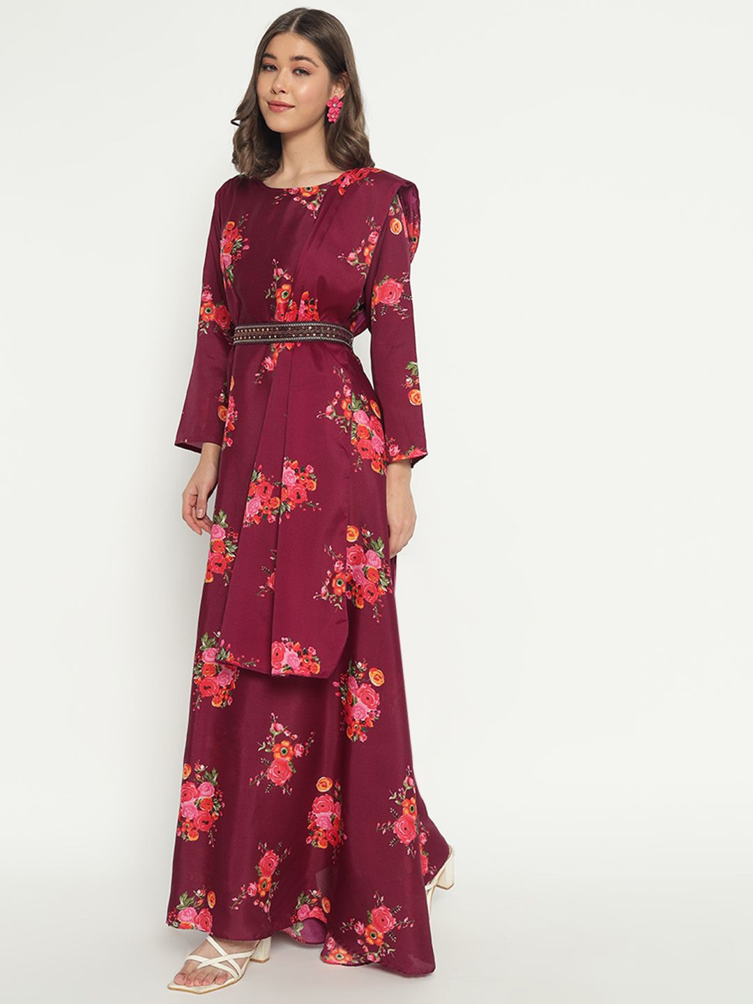 

Femvy Women Floral Printed Cotton Maxi Dress With Dupatta & Belt, Magenta