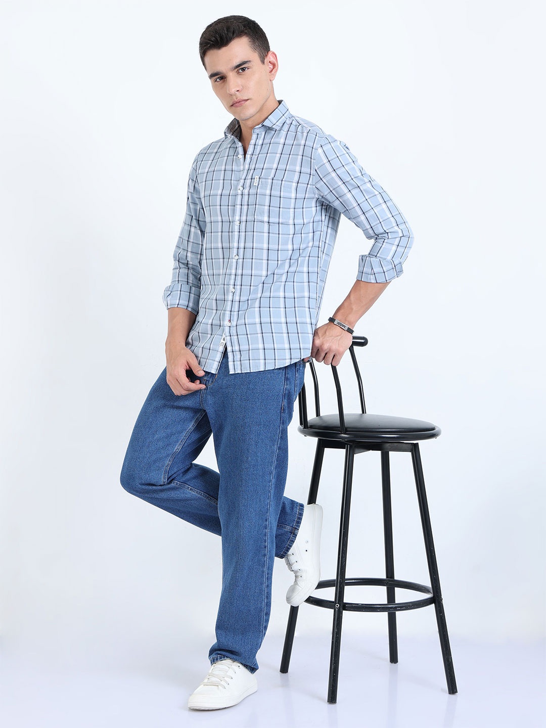 

HOUSE OF MAHNOTS Men Classic Slim Fit Grid Tattersall Checked Cotton Casual Shirt, Blue