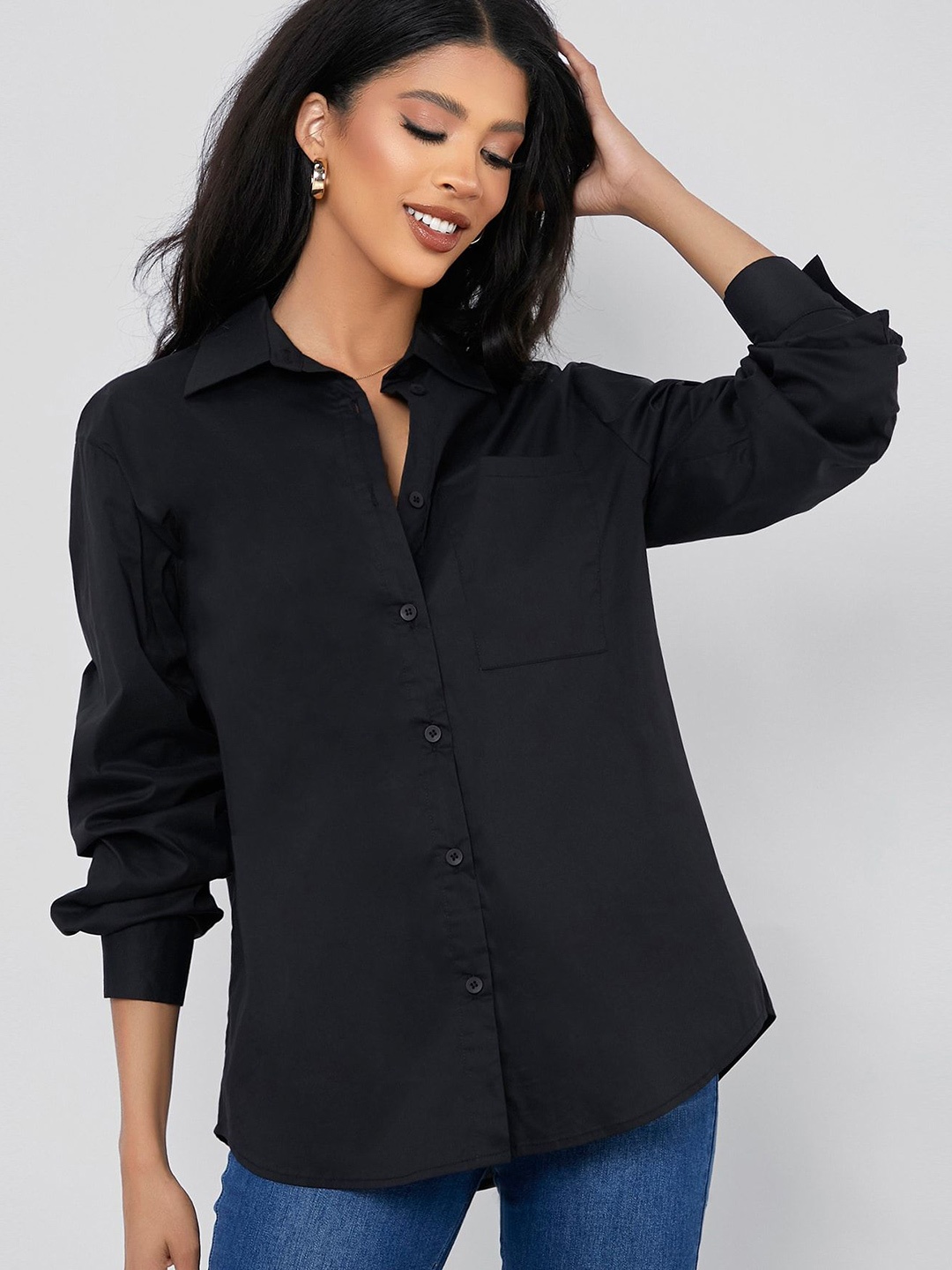 

NANCHI Women Comfort Oversized Fit Spread Collar Solid Cotton Casual Shirt, Black