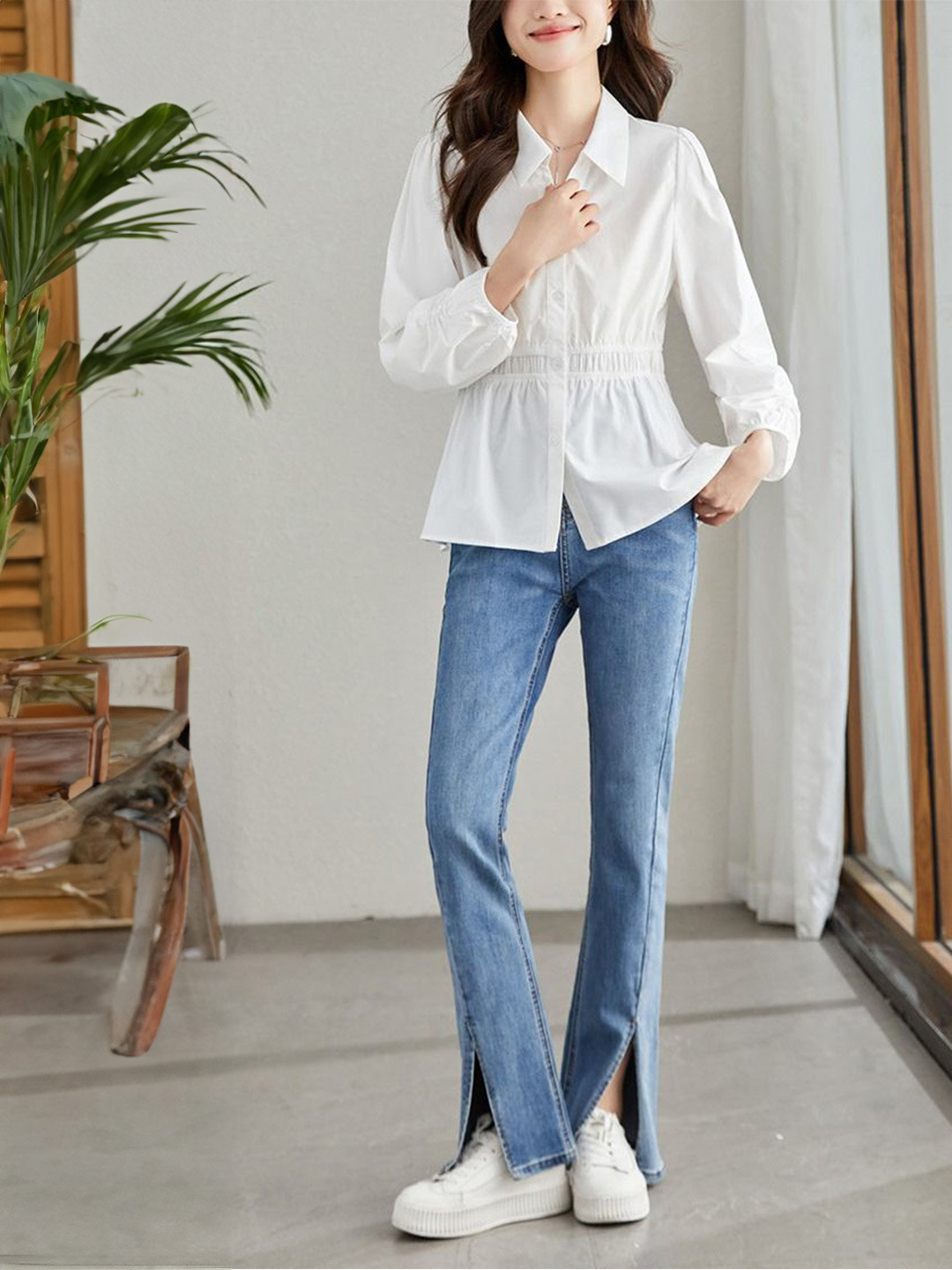 

StyleCast Women Shirt Collar Long Sleeves Cotton Top, White