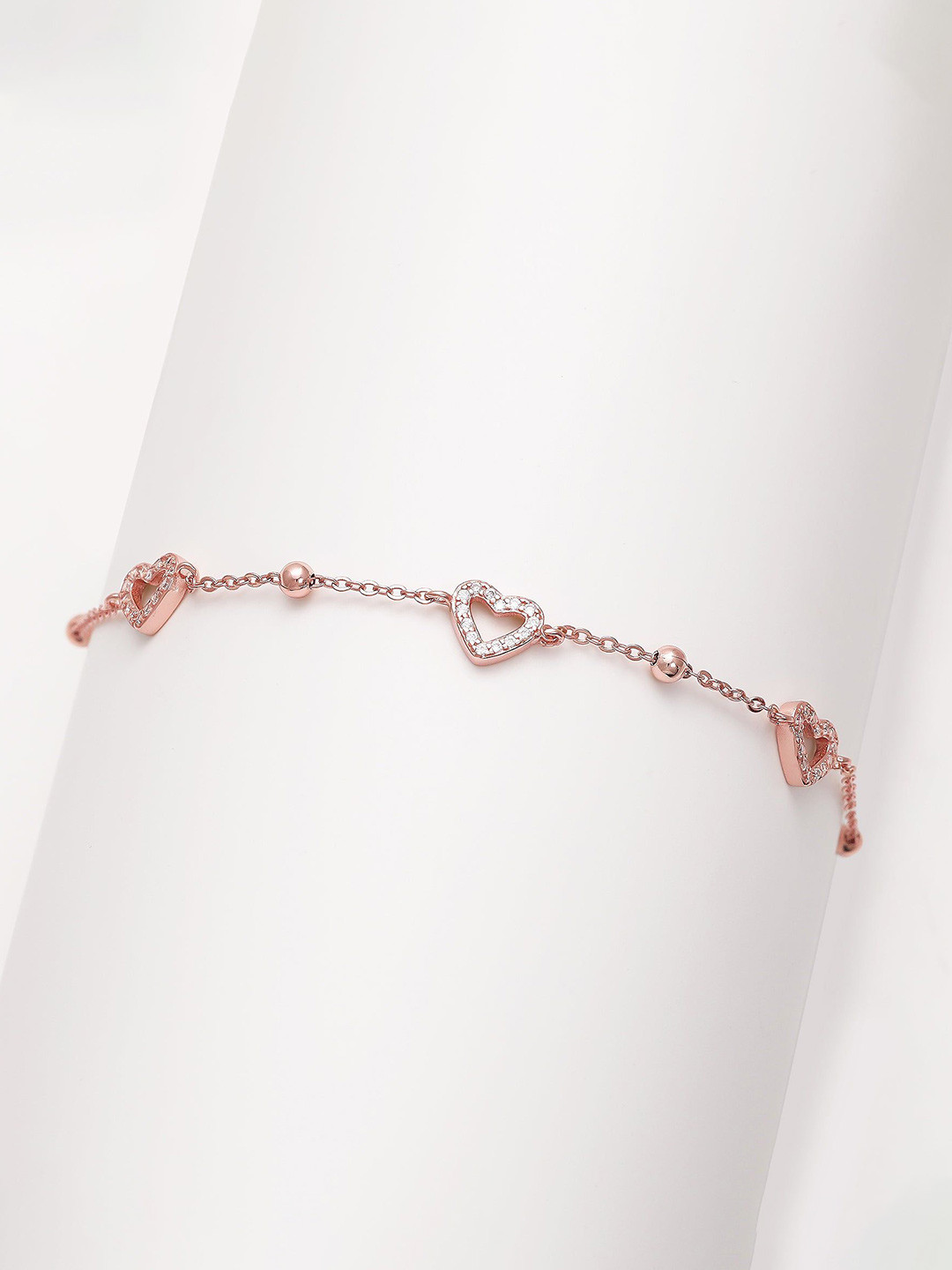 

GIVA 925 Sterling Silver Rose Gold-Plated Cubic Zirconia Studded Halo Heart Charm Bracelet