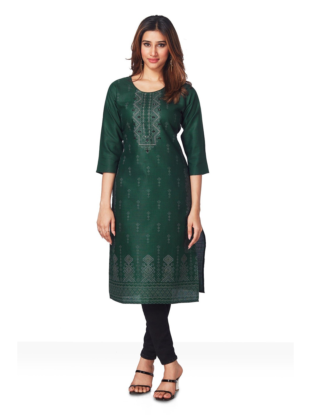 

FREYAA Ethnic Motifs Printed Mirror Work Kurta, Green