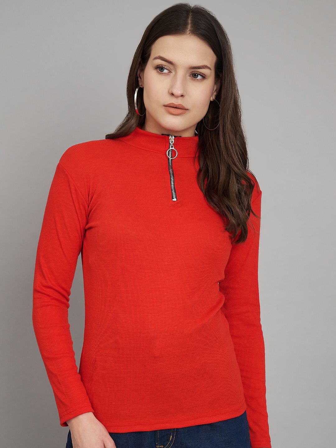 

Trend Level Women Cotton High Neck Ribbed Top, Red