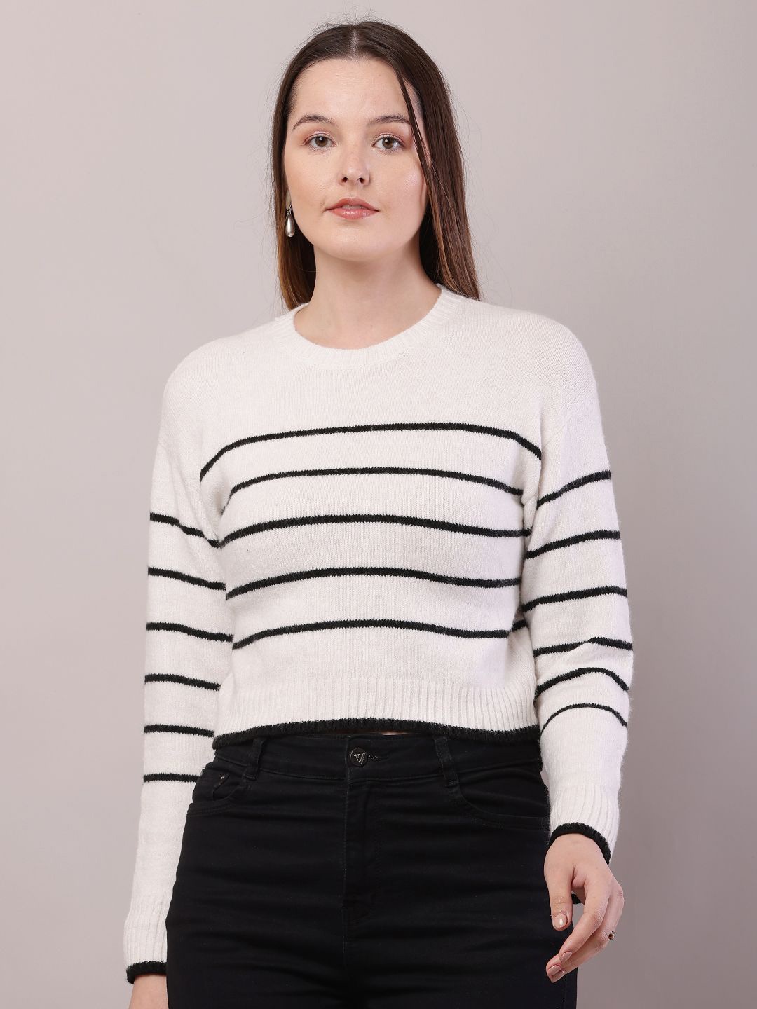 

NoBarr Women Striped Crop Pullover, White