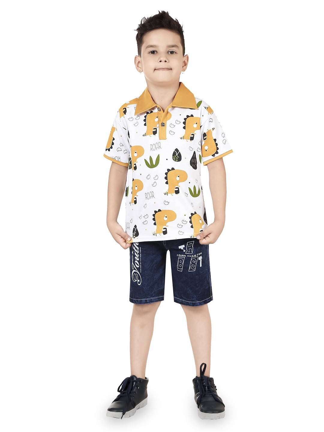 

LUCII Boys Printed Shirt Collar T-shirt With Shorts, Yellow