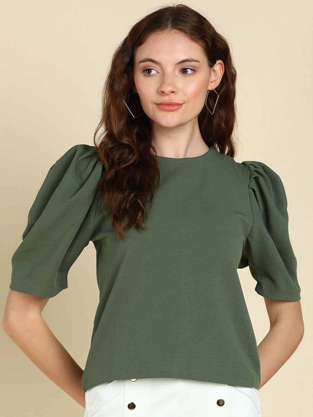 

SAFFE Women Puff Sleeve Crop Top, Green