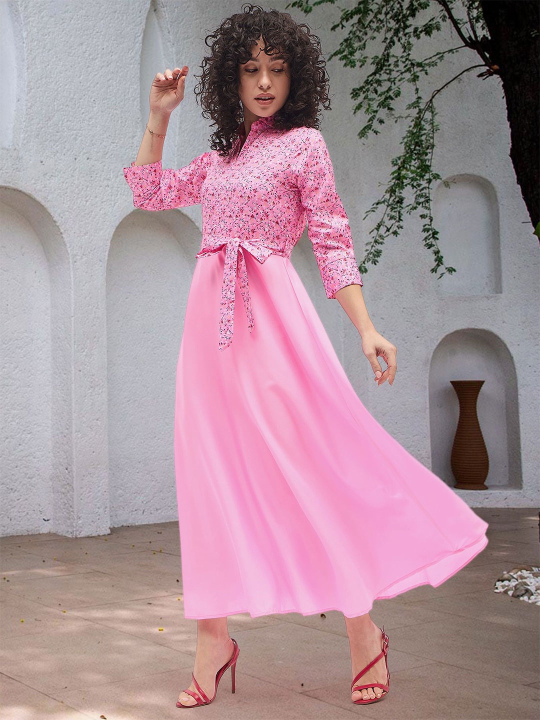 

DressBerry Floral Print Crepe A-Line Midi Dress, Pink