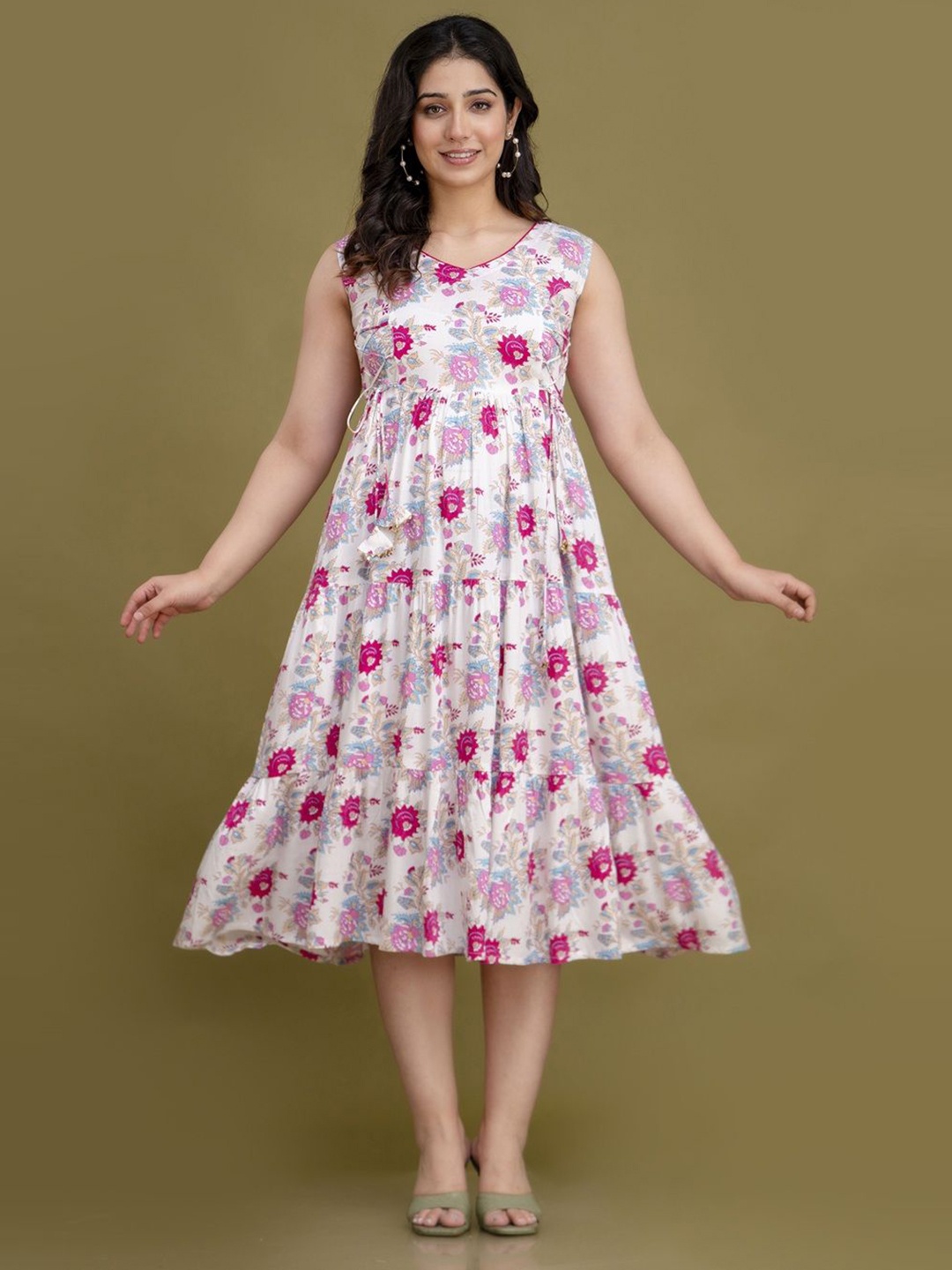 

Demirner Floral Print Fit & Flare Midi Dress, White