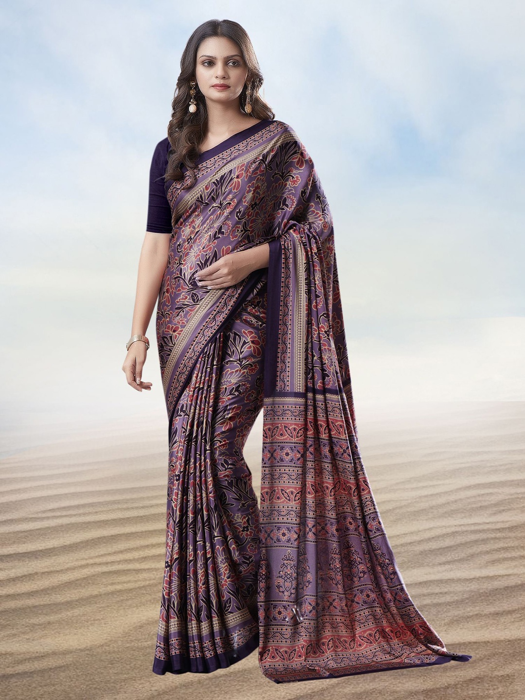 

Kasak Floral Printed Pure Crepe Saree, Purple