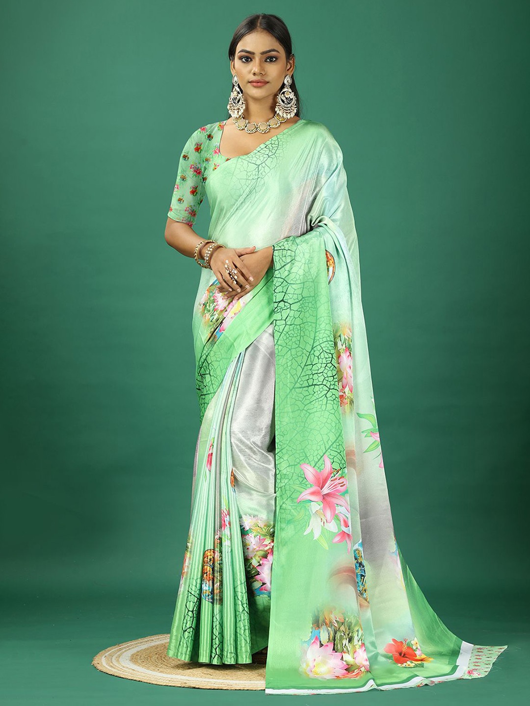 

NIRMAL CREATION Floral Printed Satin Saree, Green