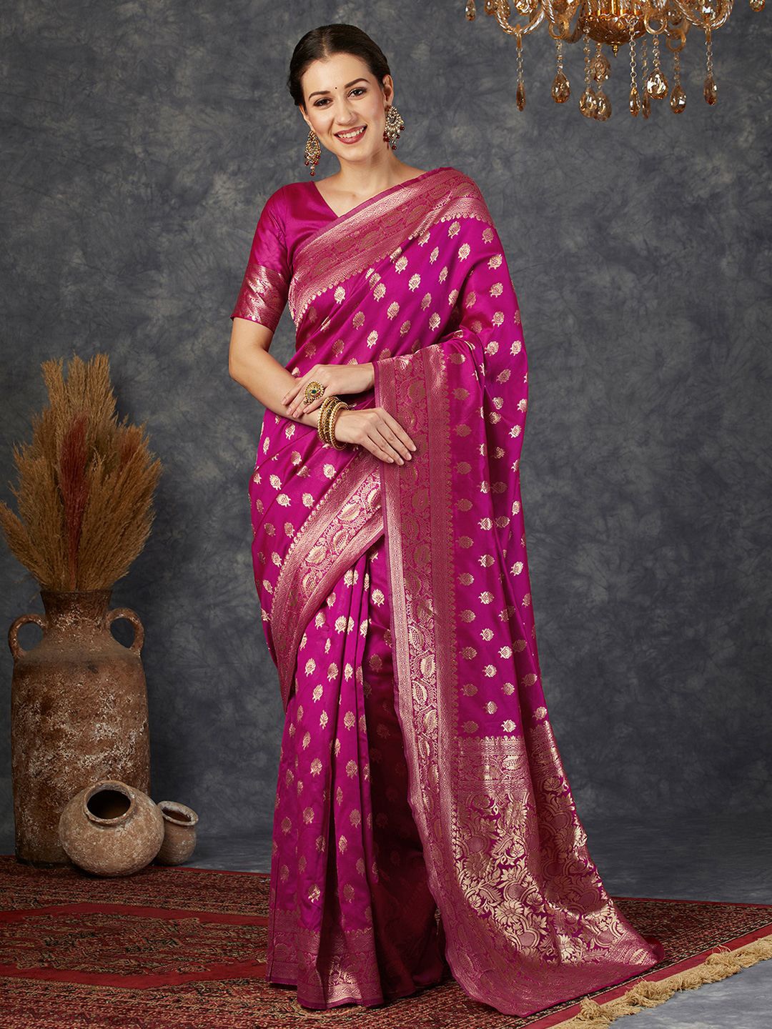 

KALINI Ethnic Motifs Zari Banarasi Saree, Pink