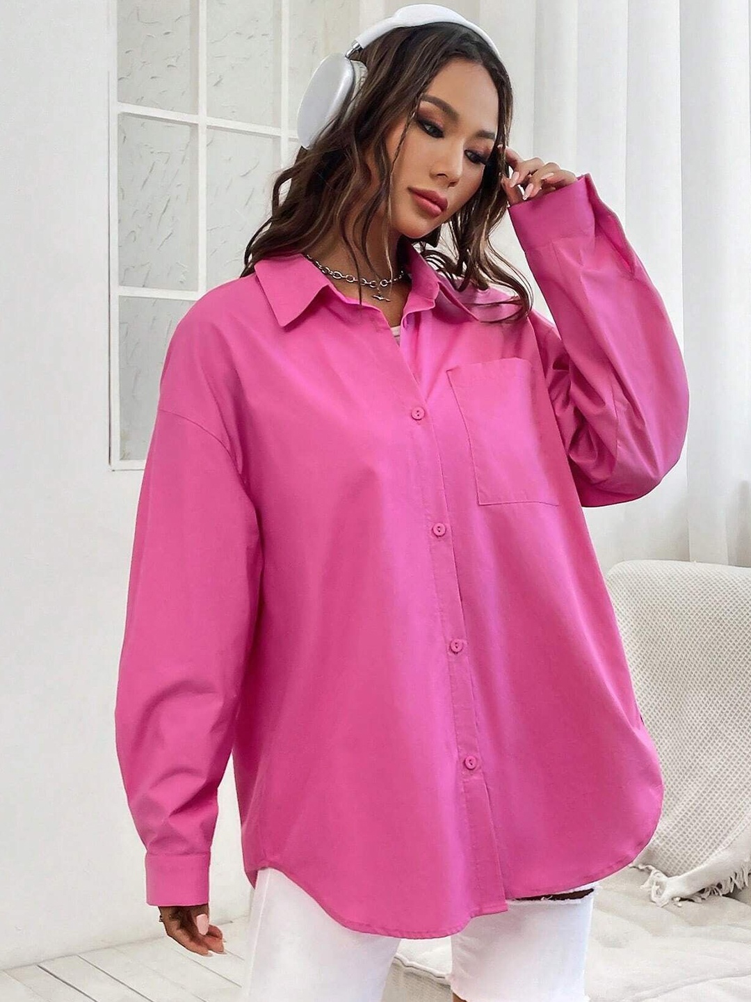 

WHY SO FAB Women Comfort Oversized Fit Spread Collar Solid Cotton Casual Shirt, Pink