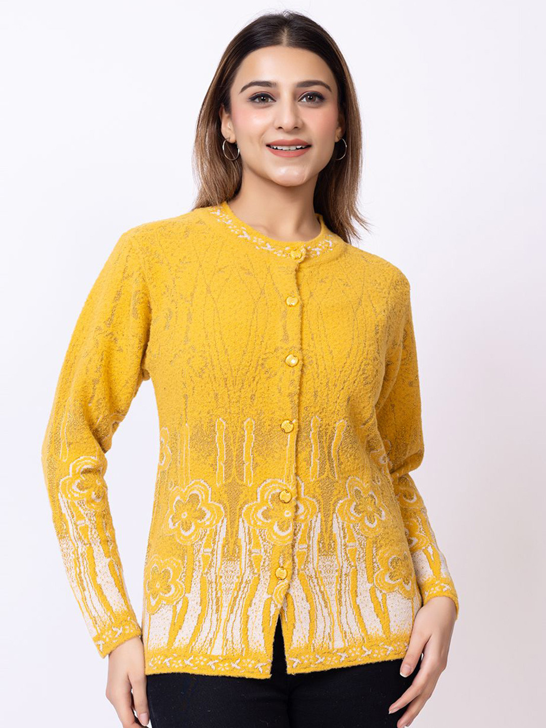 

Lady Leaf Women Floral Woollen Cardigan, Gold