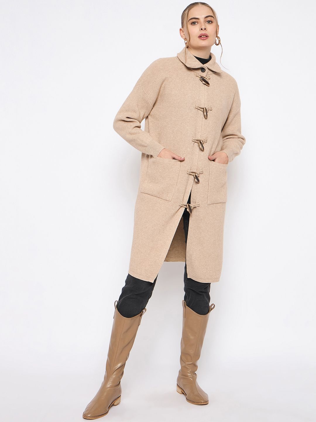 

Madame Self Design Spread Collar Longline Single-Breasted Overcoat, Off white