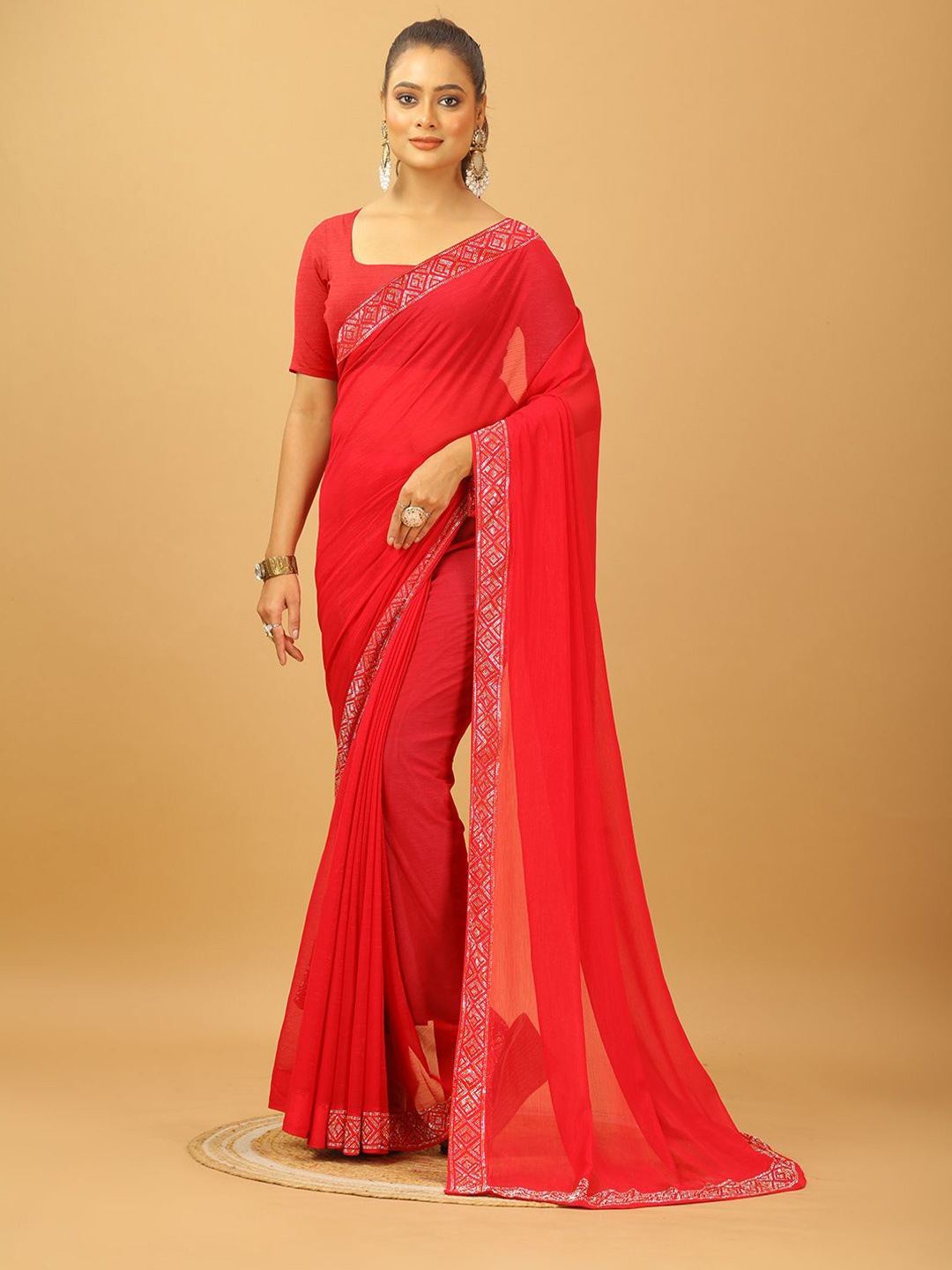 

NIRMAL CREATION Beads and Stones Pure Chiffon Saree, Red