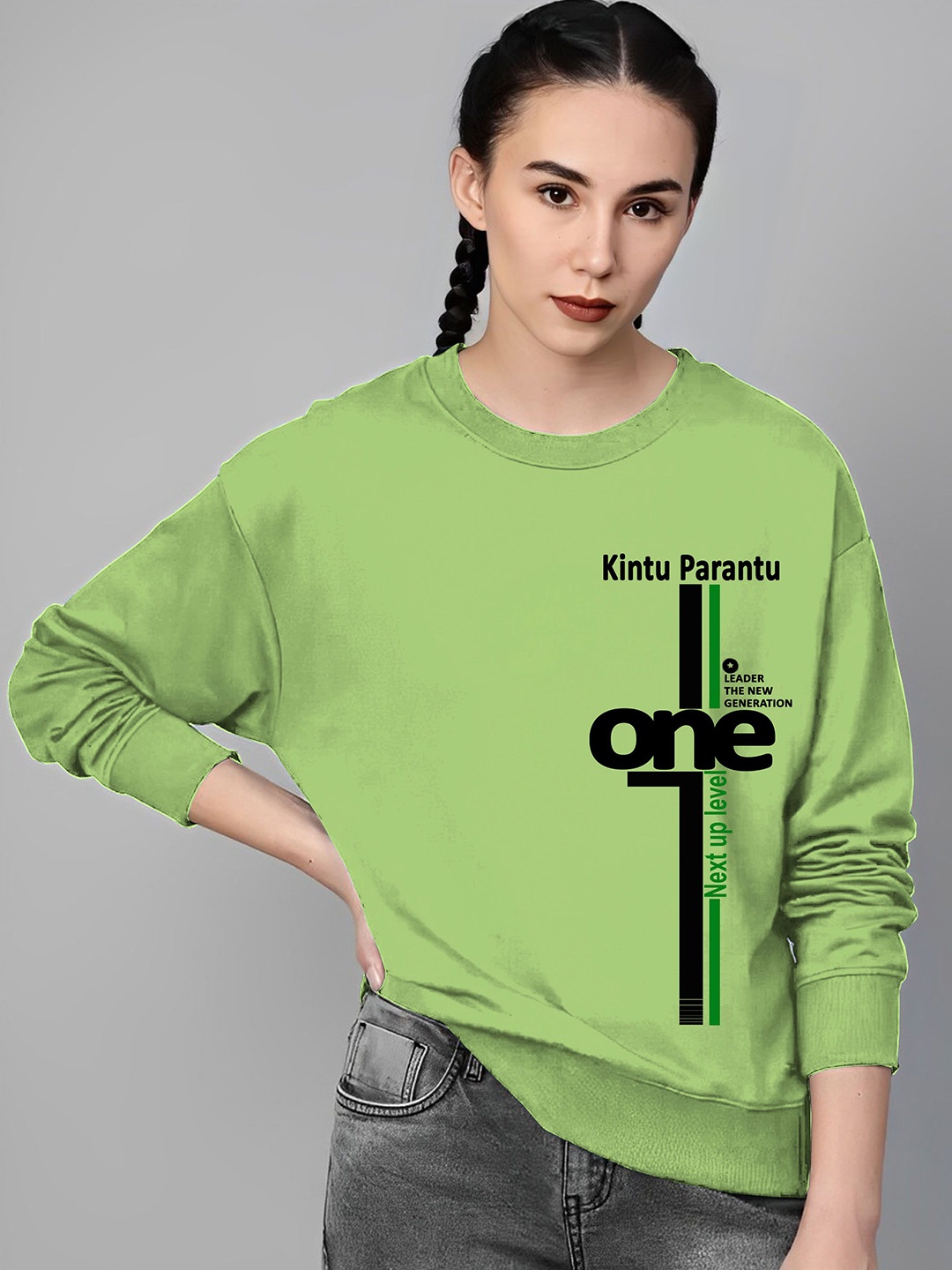 

kintu parantu Women Printed Pullover Sweatshirt, Green