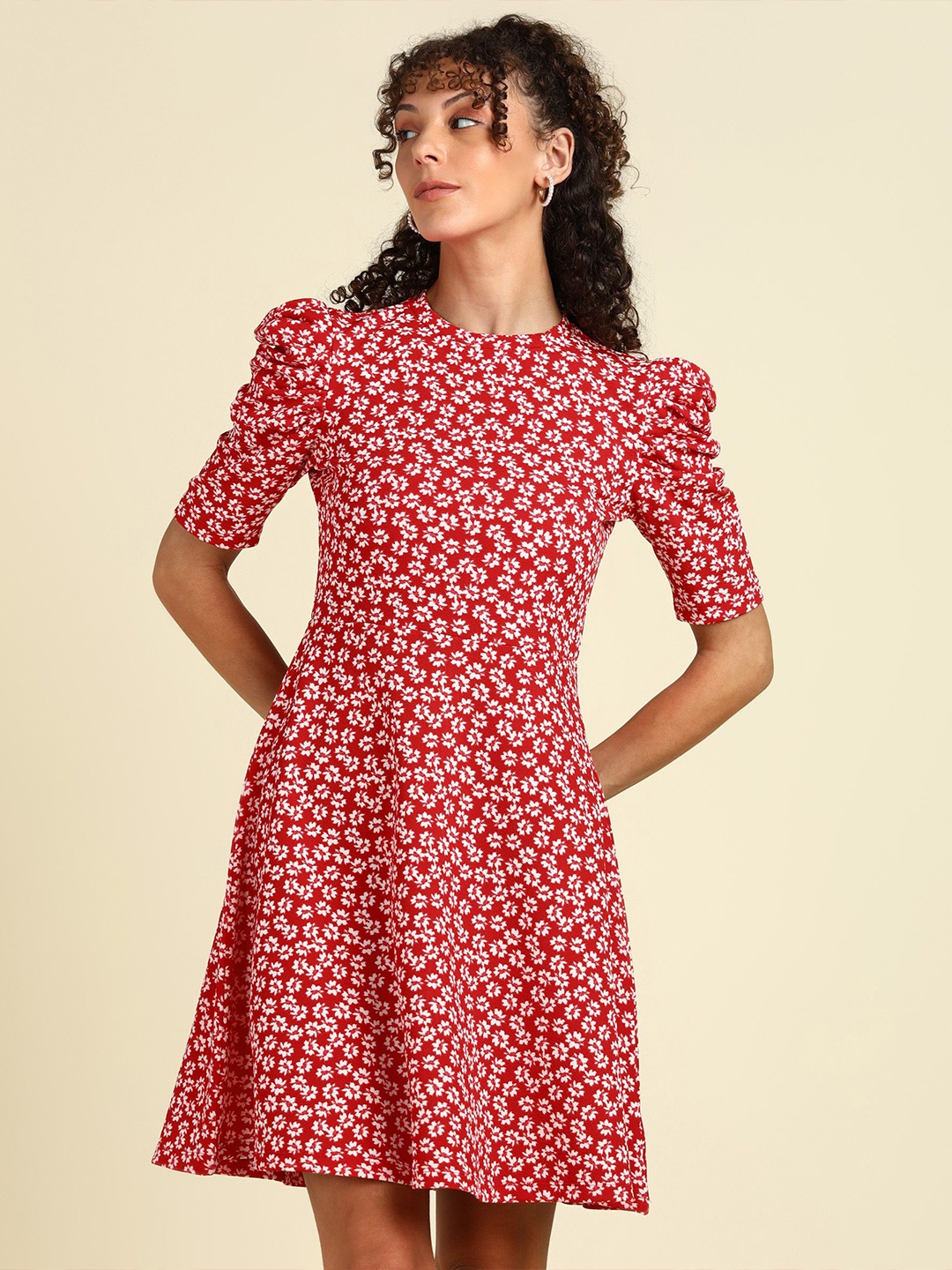

SAFFE Floral Print Puff Sleeve Fit & Flare Mini Dress, Red