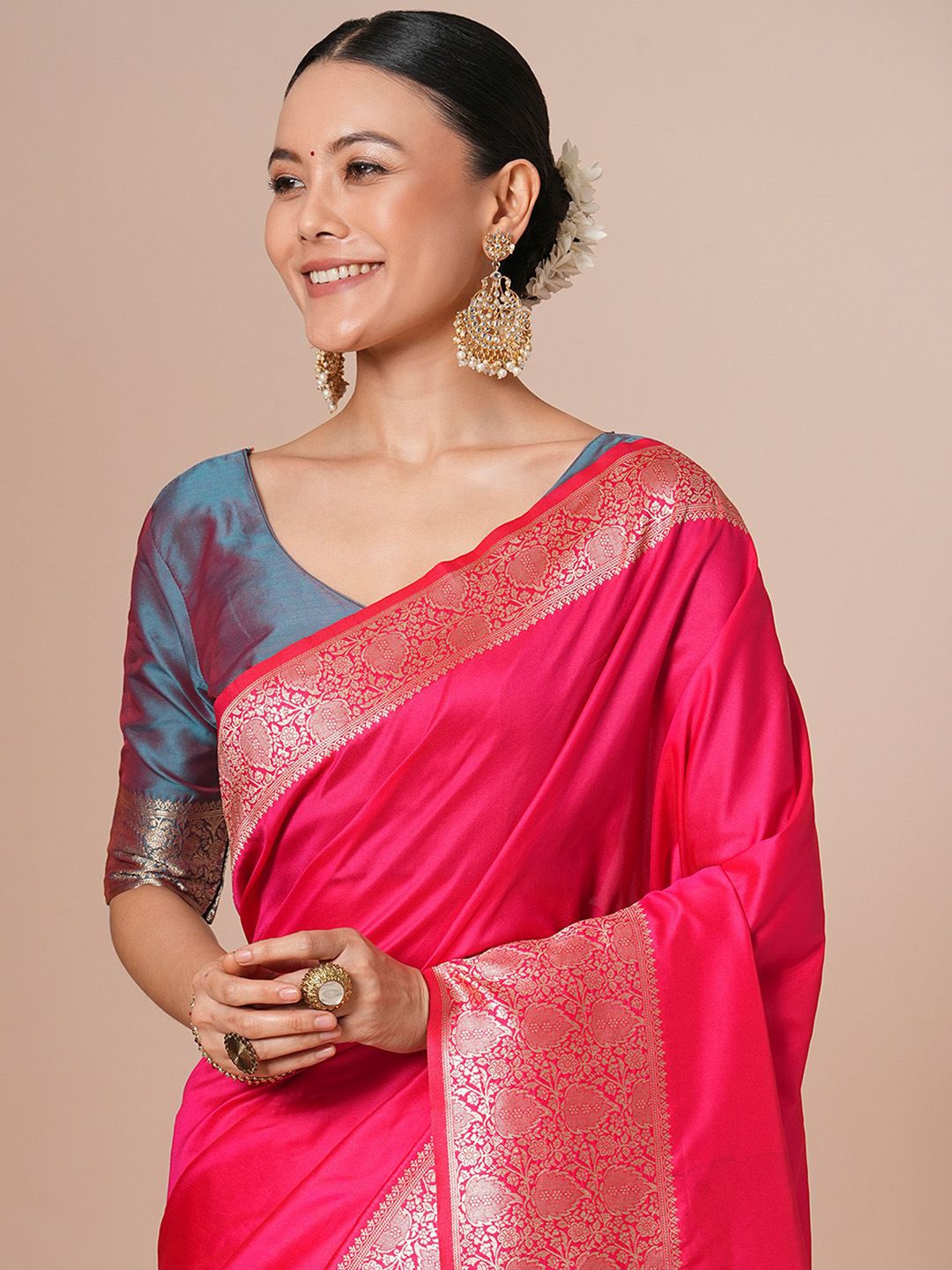 

House of Pataudi Woven Design Banarasi Saree With Blouse Piece, Pink