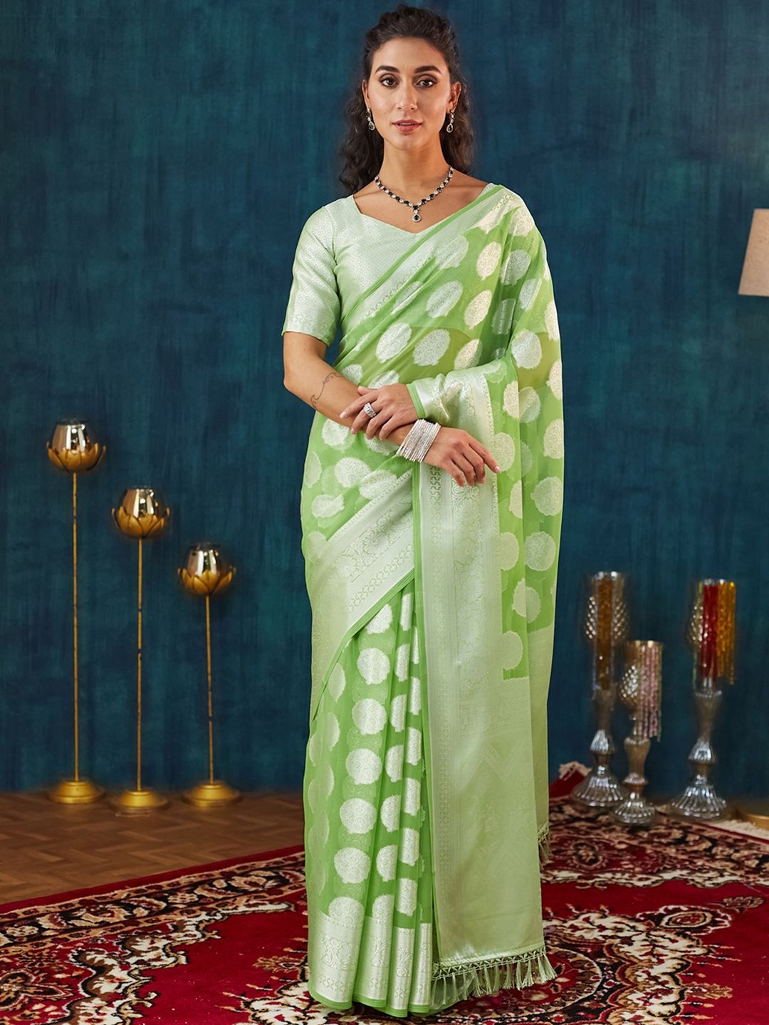 

Satrani Woven Design Zari Pure Georgette Saree, Green