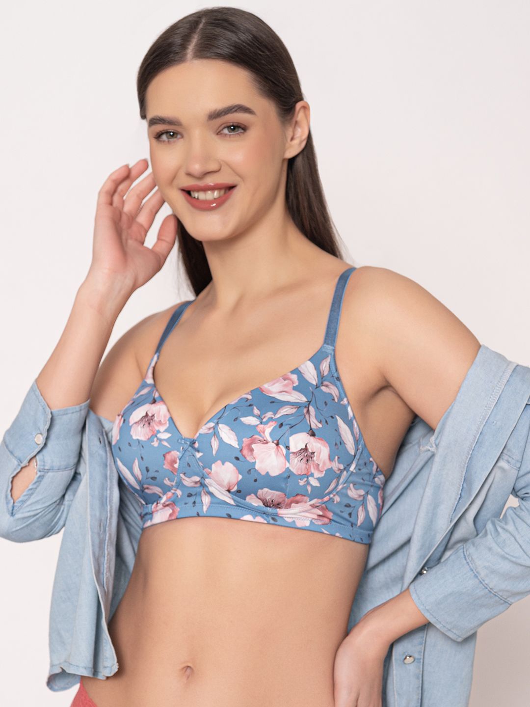 

Chelvet Floral Printed Full Coverage Lightly Padded Wireless Bra, Blue