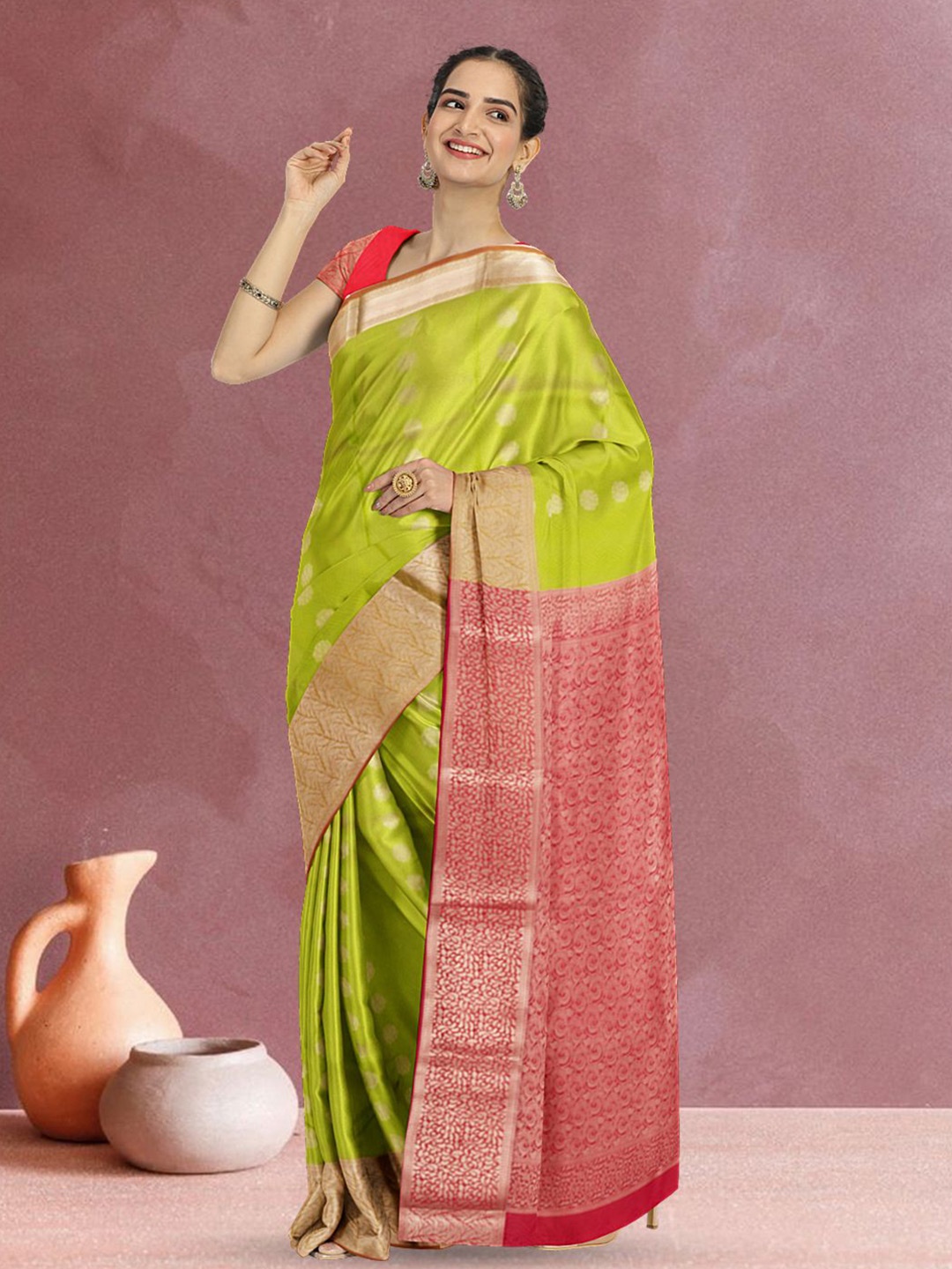 

Avishya Woven Design Zari Silk Blend Kanjeevaram Saree, Green