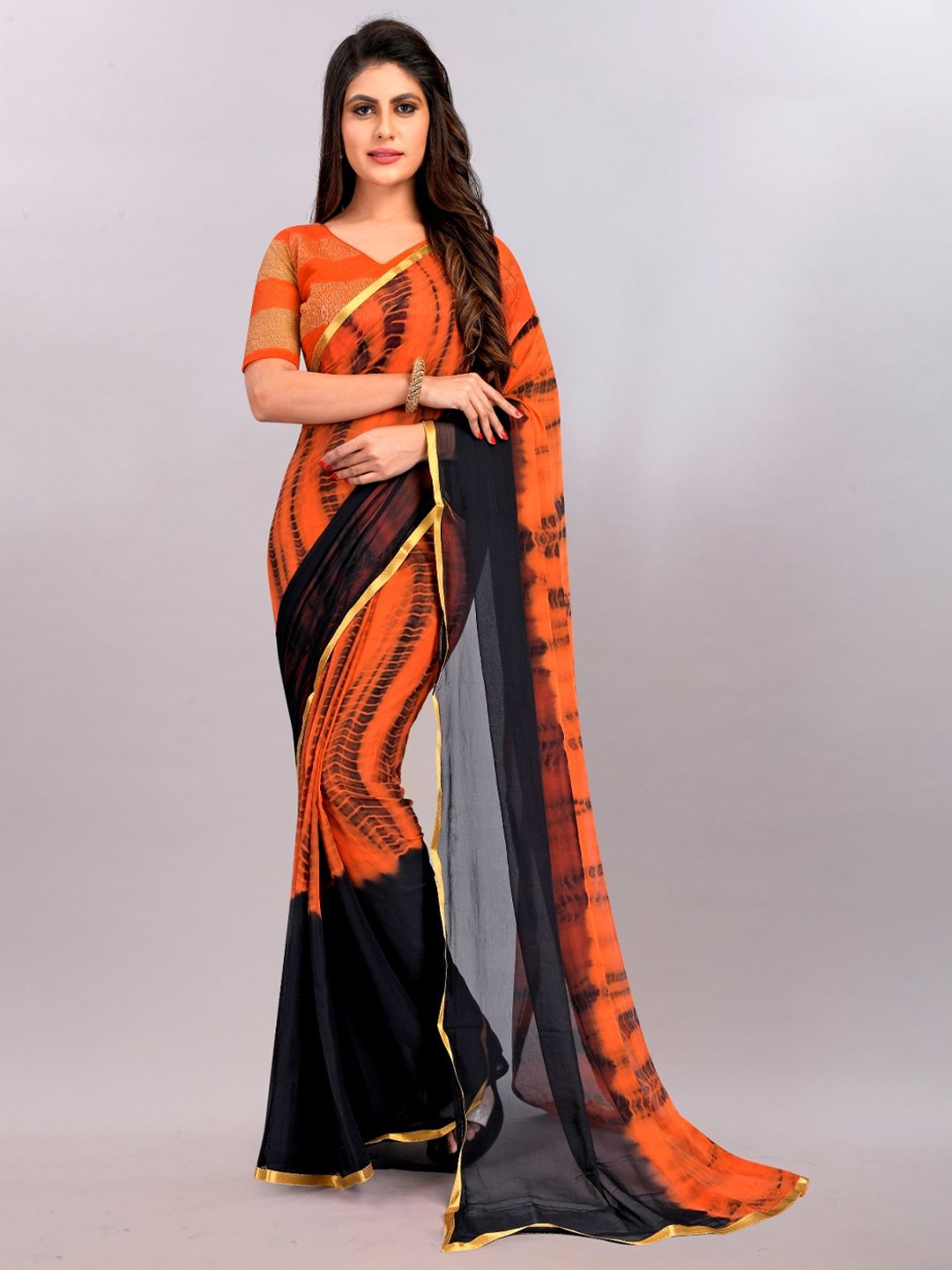 

A TO Z CART Leheriya Zari Pure Chiffon Saree, Orange