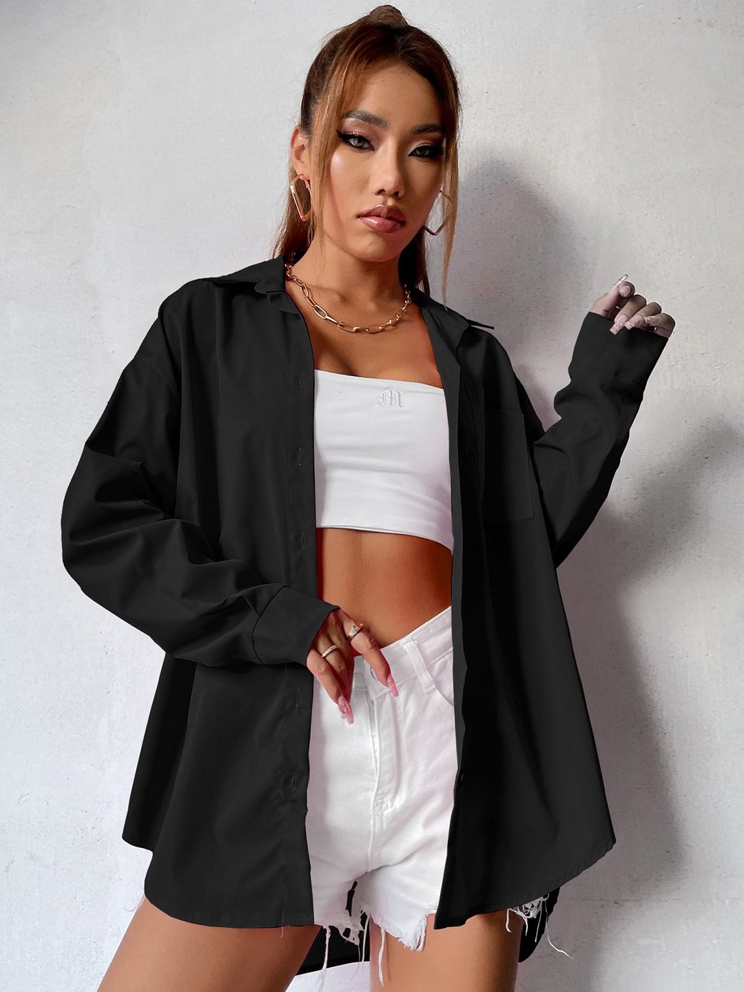 

NANCHI Women Comfort Oversized Fit Spread Collar Solid Cotton Casual Shirt, Black
