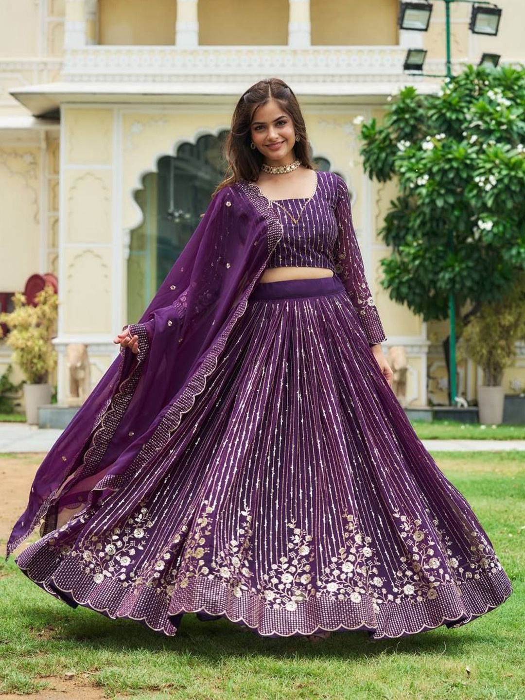 

KALINI Embroidered Sequinned Ready to Wear Lehenga & Blouse With Dupatta, Purple