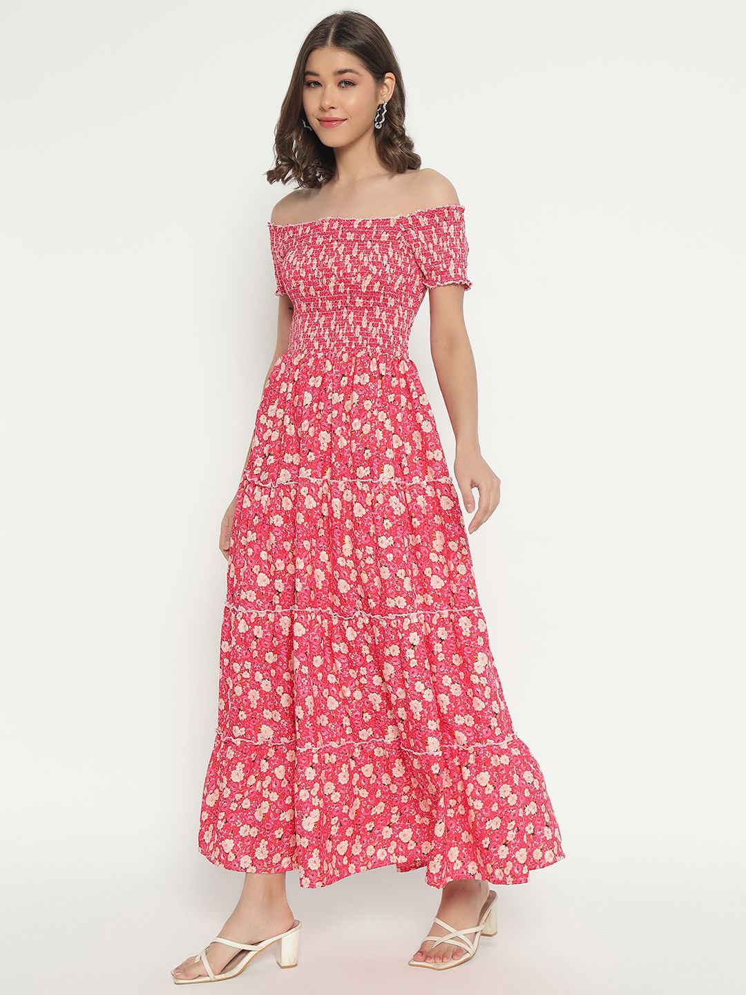 

Femvy Floral Print Applique Crepe Fit & Flare Maxi Dress, Peach