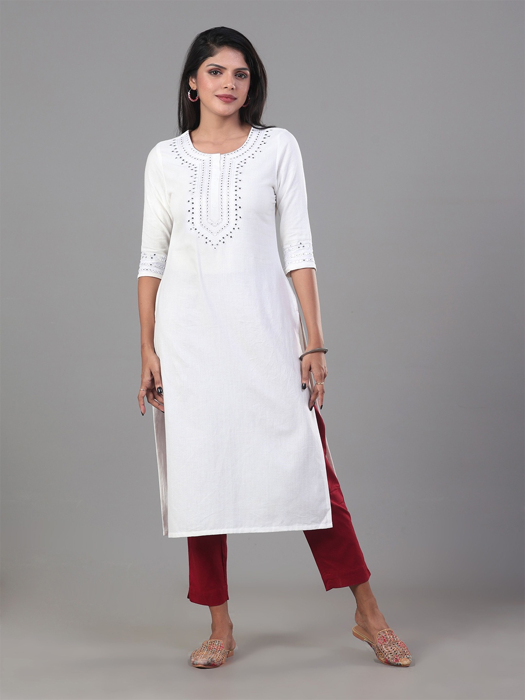 

Vismay Women Mirror Work Embroidered Straight Cotton Kurta, White