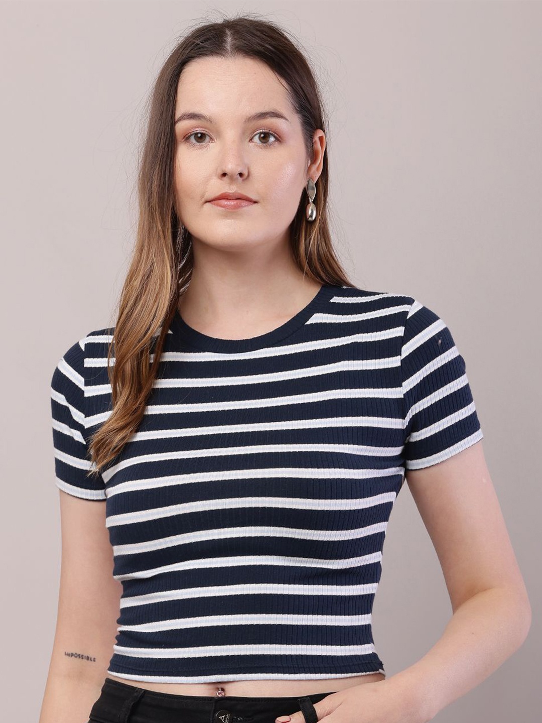 

NoBarr Women Striped Cotton Fitted Crop Top, Blue