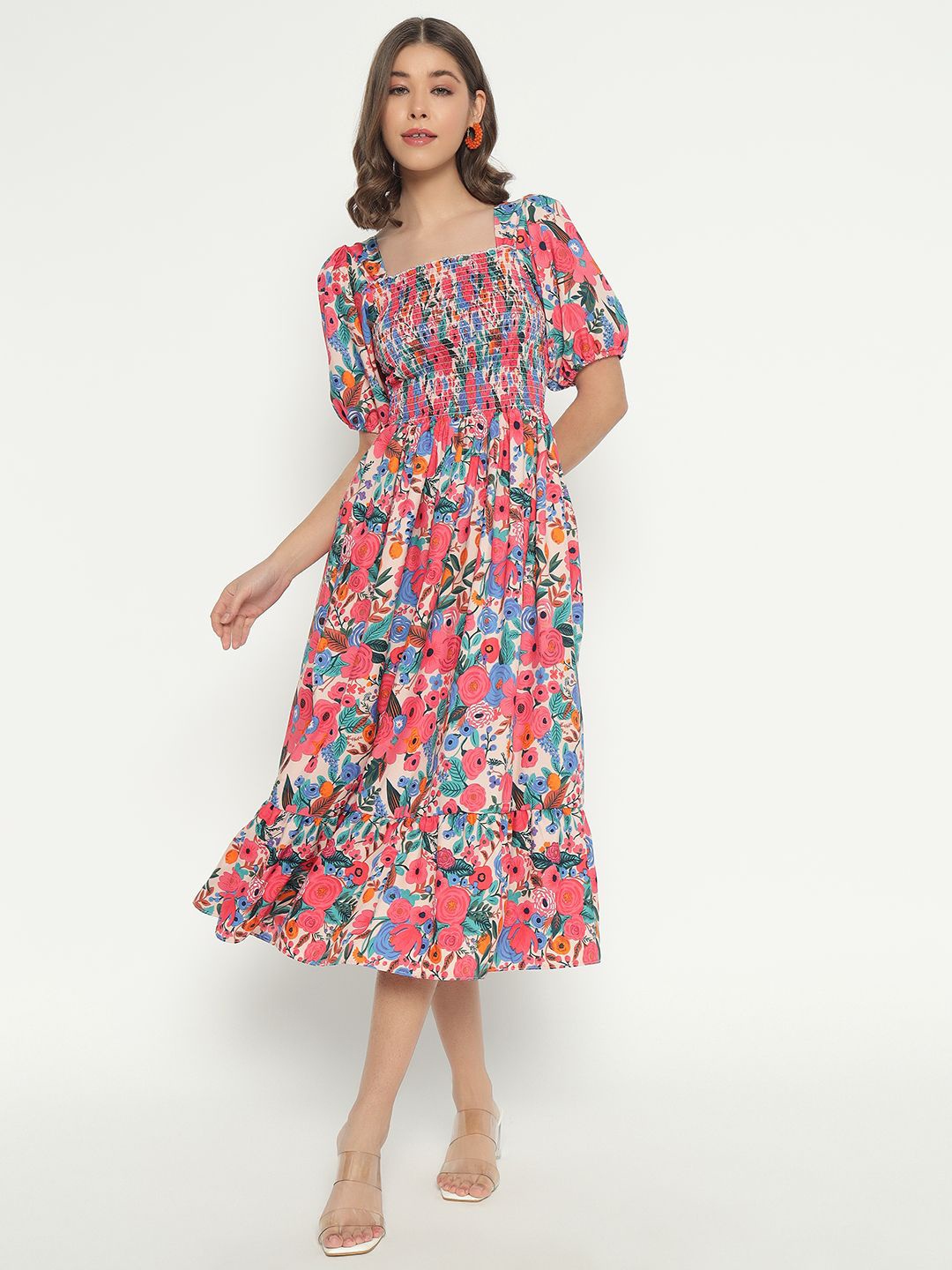 

Femvy Floral Print Applique Crepe Fit & Flare Dress, Blue