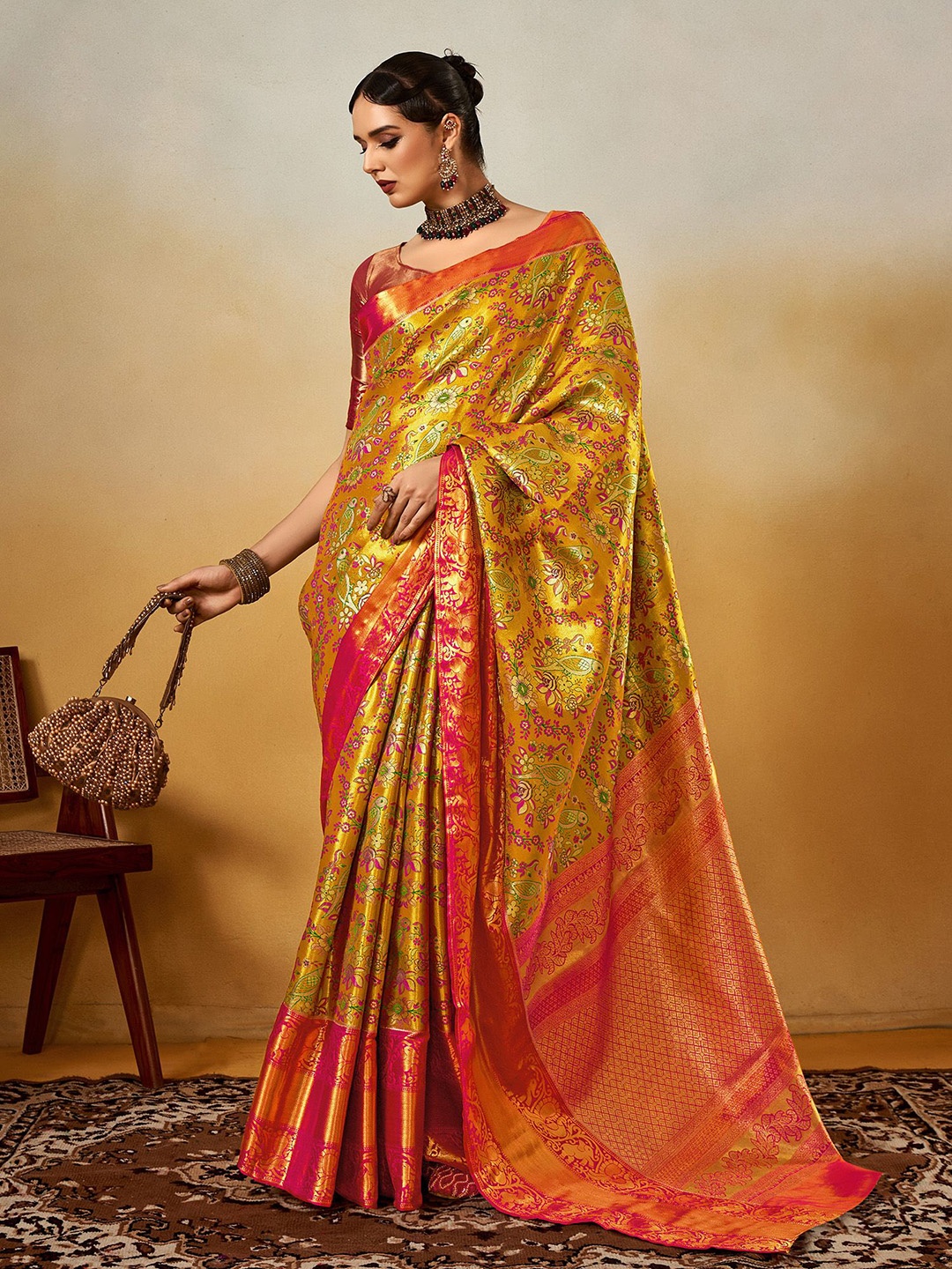 

Elora Zari Woven Design Dharmavaram Saree, Mustard