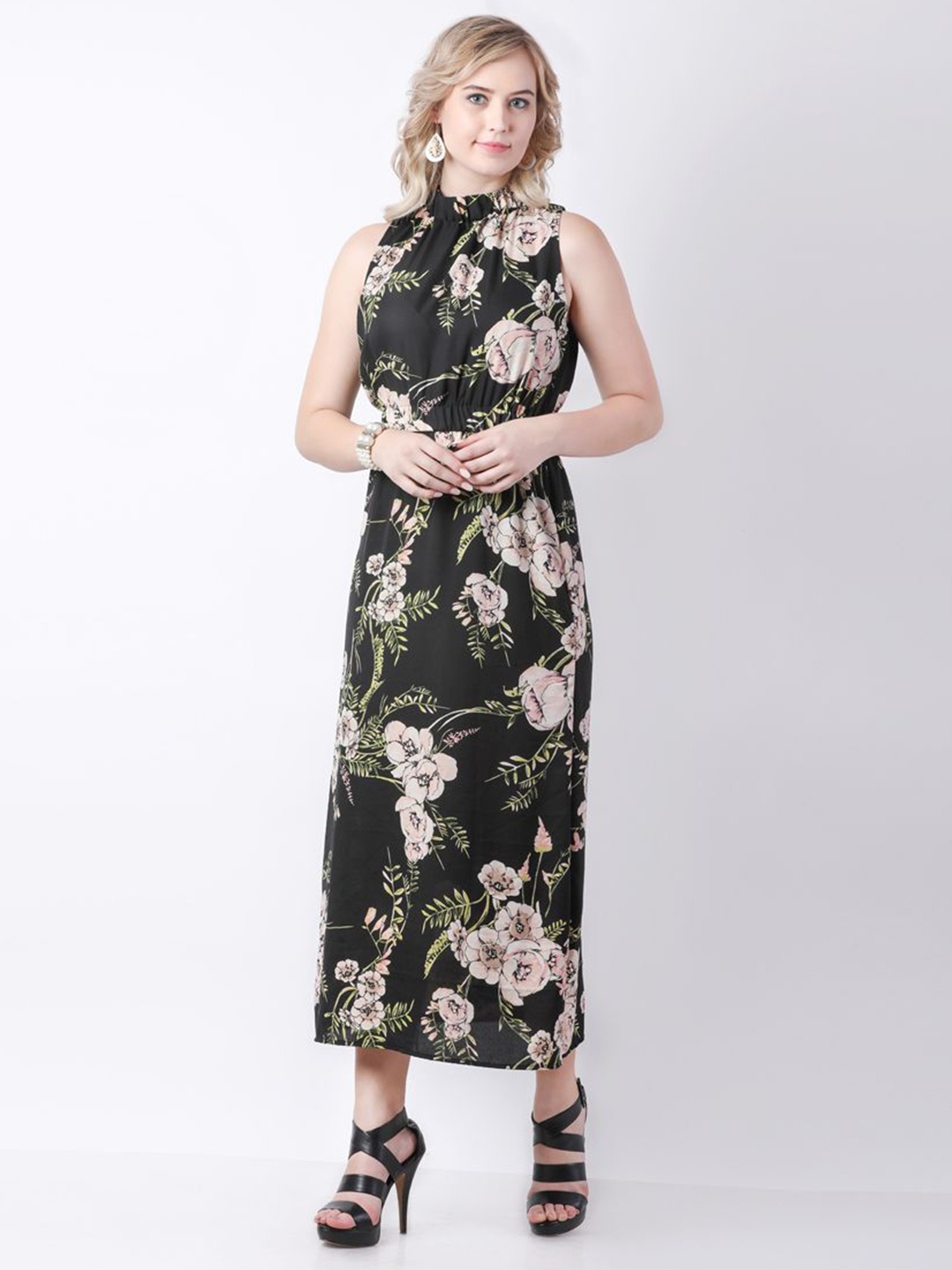 

DELIS Women Floral Printed Georgette Shift Midi Dress, Black