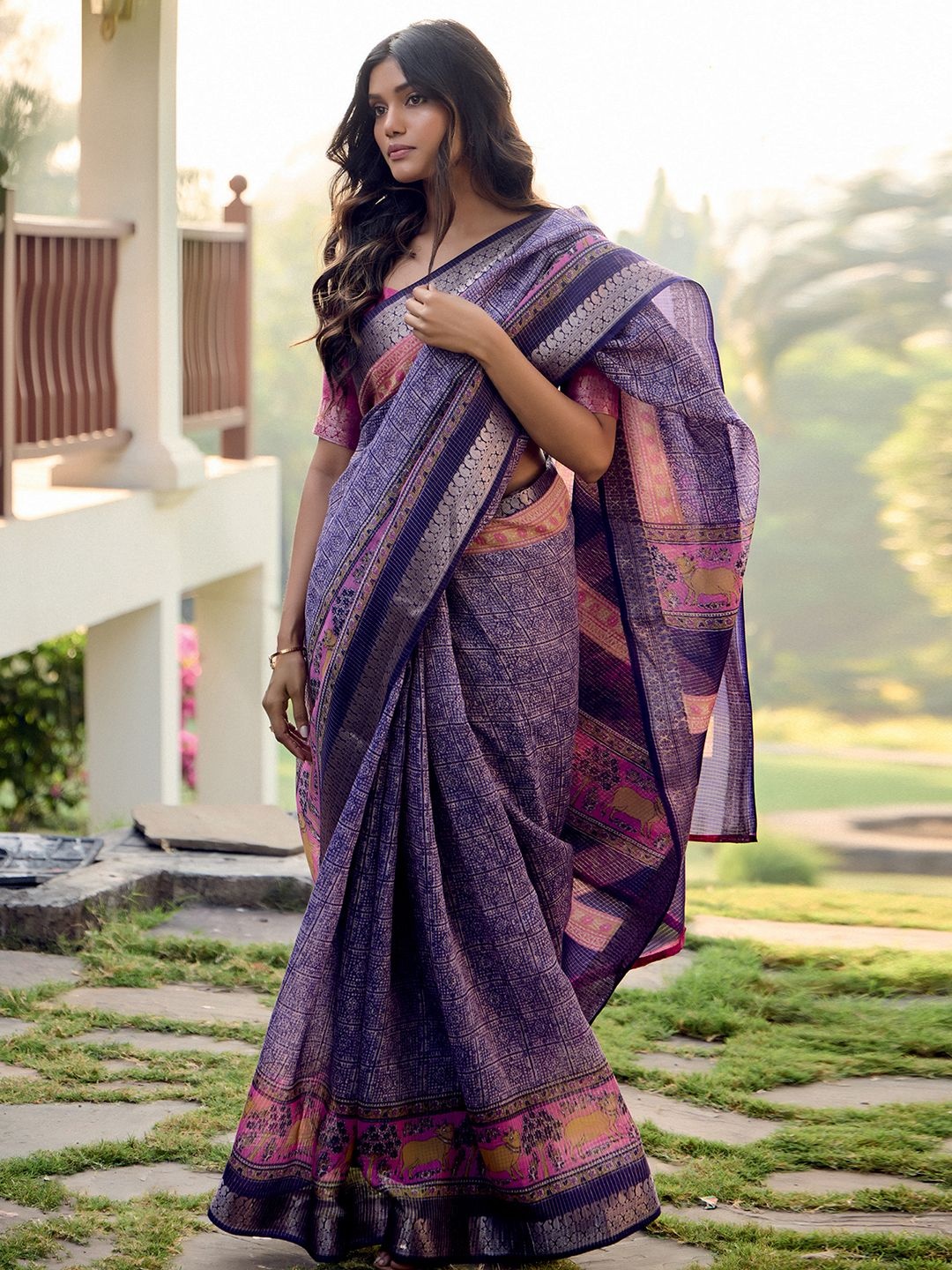 

Satrani Warli Printed Zari Saree, Lavender