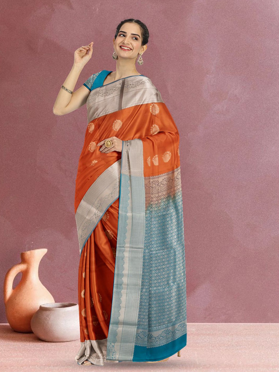 

Avishya Woven Design Zari Silk Blend Kanjeevaram Saree, Orange