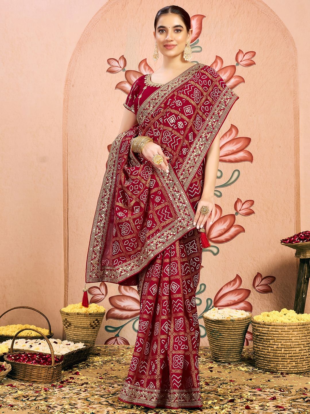 

Satrani Bandhani Embroidered Pure Georgette Bandhani Saree, Red