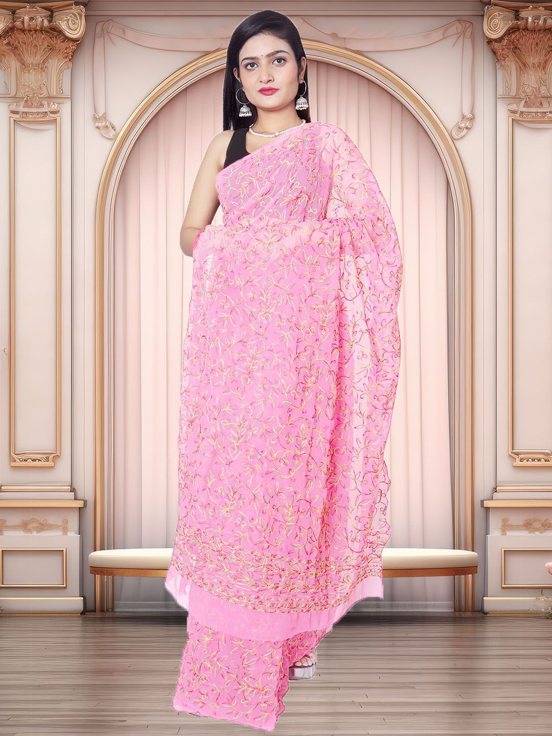 

ADR CHIKAN Ethnic Motifs Aari Work Pure Georgette Saree, Pink