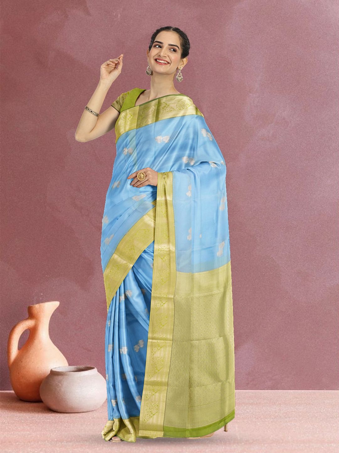 

Avishya Woven Design Zari Silk Blend Kanjeevaram Saree, Blue