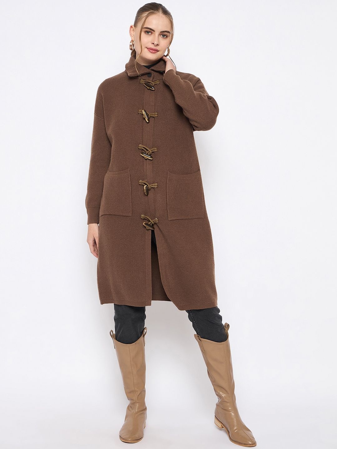 

Madame Self Design Spread Collar Longline Single-Breasted Overcoat, Brown