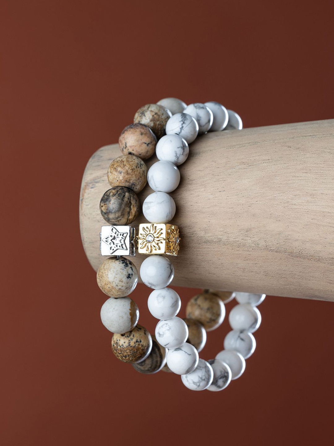 

Stone Story By Shruti Men 925 Sterling Silver Gold-Plated Solar Serenity Howlite Bracelet