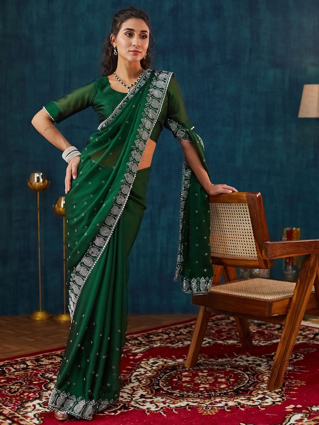 

Satrani Embellished Beads and Stones Pure Georgette Saree, Green