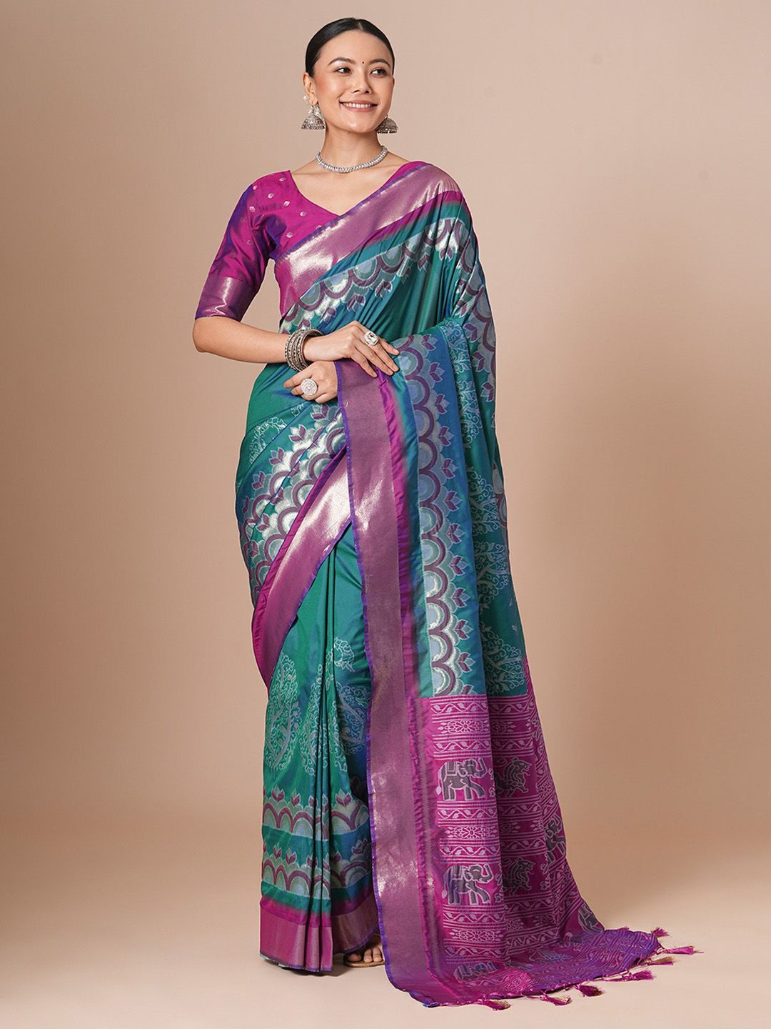 

House of Pataudi Woven Design Pochampally Saree, Teal