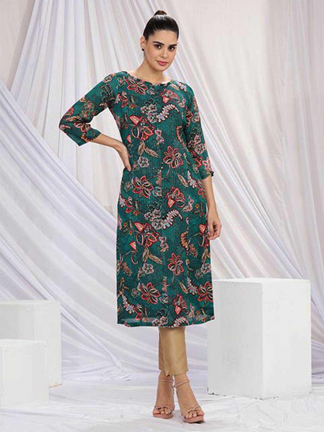 

FREYAA Printed Pure Cotton Straight Kurta, Teal