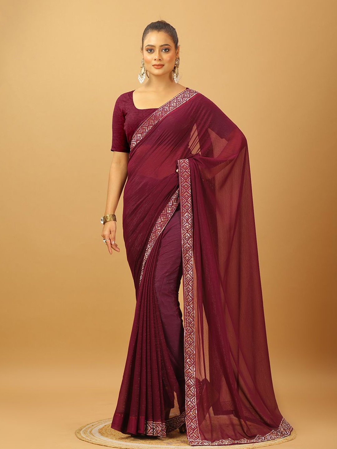 

A.V.M. SILK MILLS Beads and Stones Pure Chiffon Saree, Burgundy
